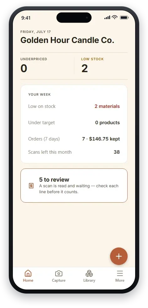 The home screen in the Batchnook app — a margin-health strip over the workshop ledger, every product’s real margin at a glance.
