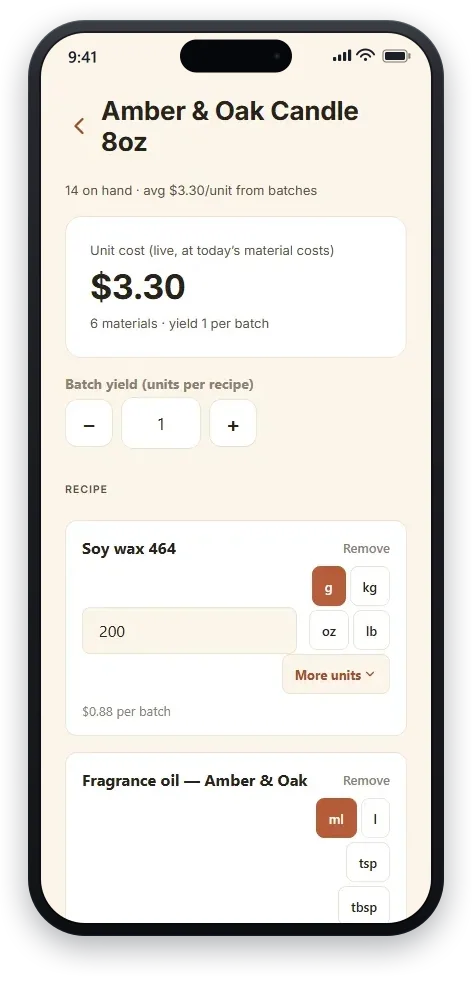 A product’s live cost and margin in the Batchnook app — the recipe’s bill of materials and what each batch really costs.