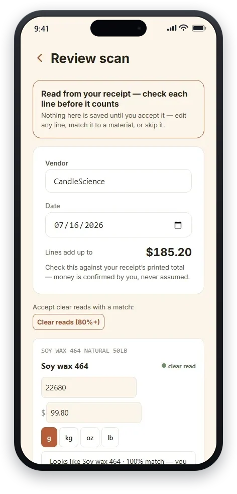 Reviewing a scanned supply receipt in the Batchnook app — each parsed line checked and matched before it counts.