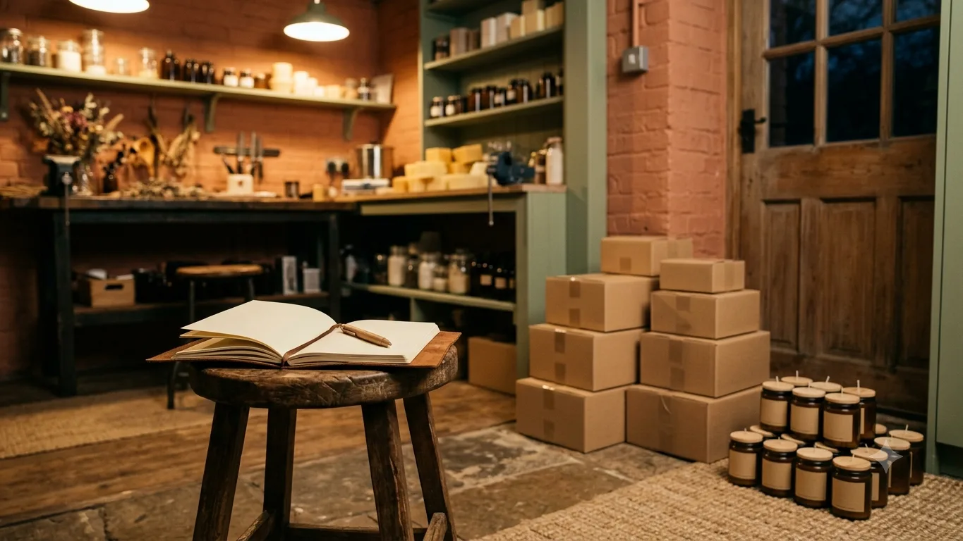 An evening workshop — finished candle jars boxed for delivery by the door, warm terracotta glow.