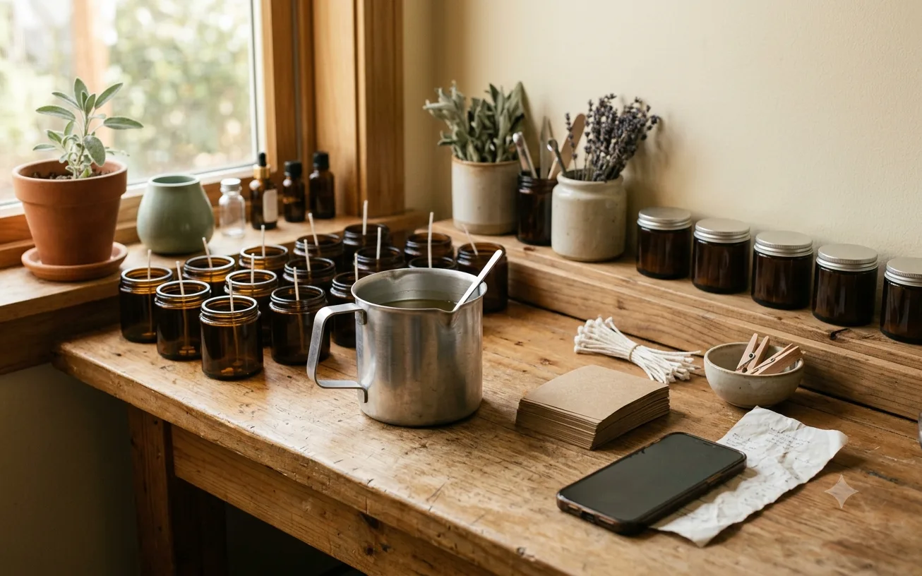 A candle-maker’s workbench in warm morning light — jars in rows, a pour pot, and a supplier receipt beside a phone.
