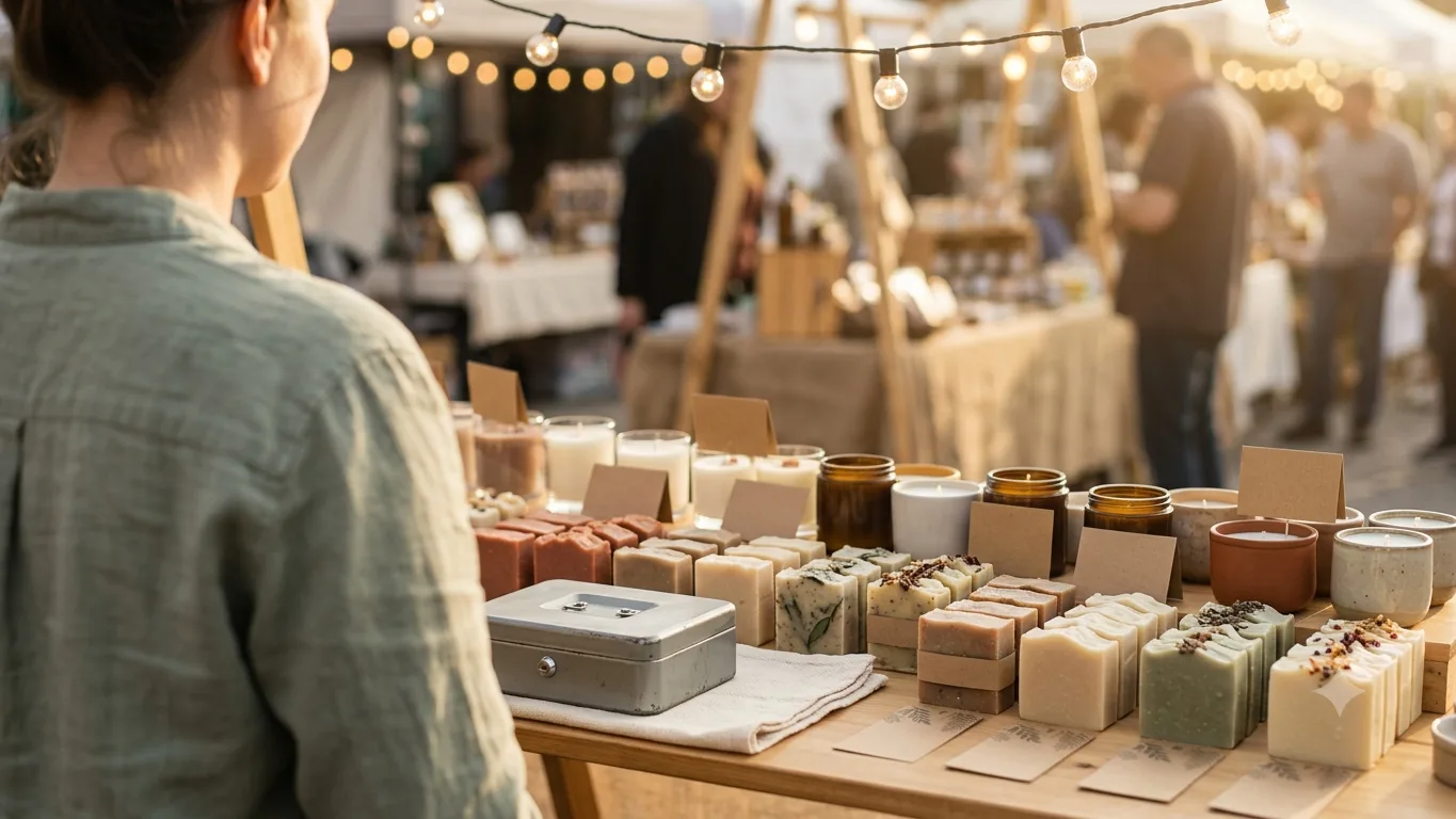 A craft-market stall table of soap bars and candles in neat rows, late-afternoon light.