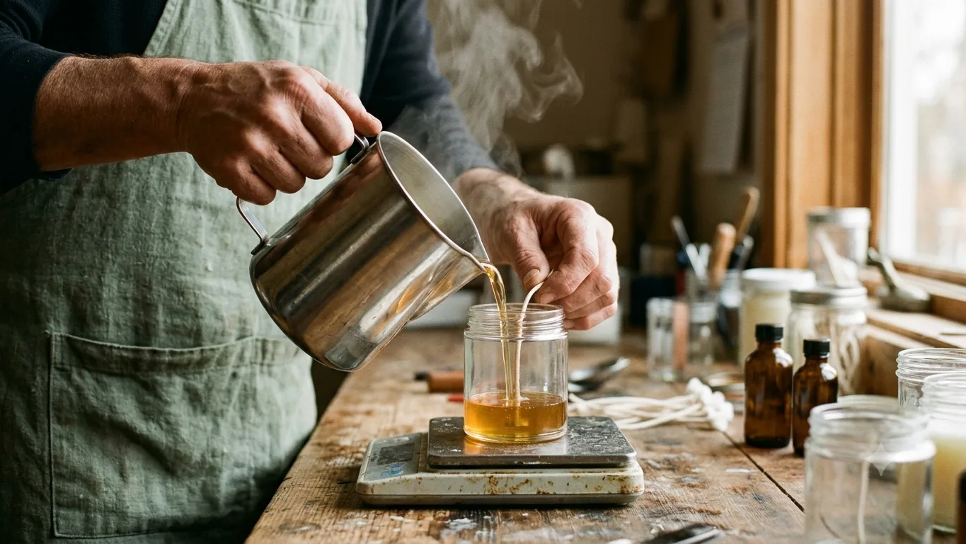 Hands pouring wax from a steel pitcher into glass jars on a scale, warm workshop light.