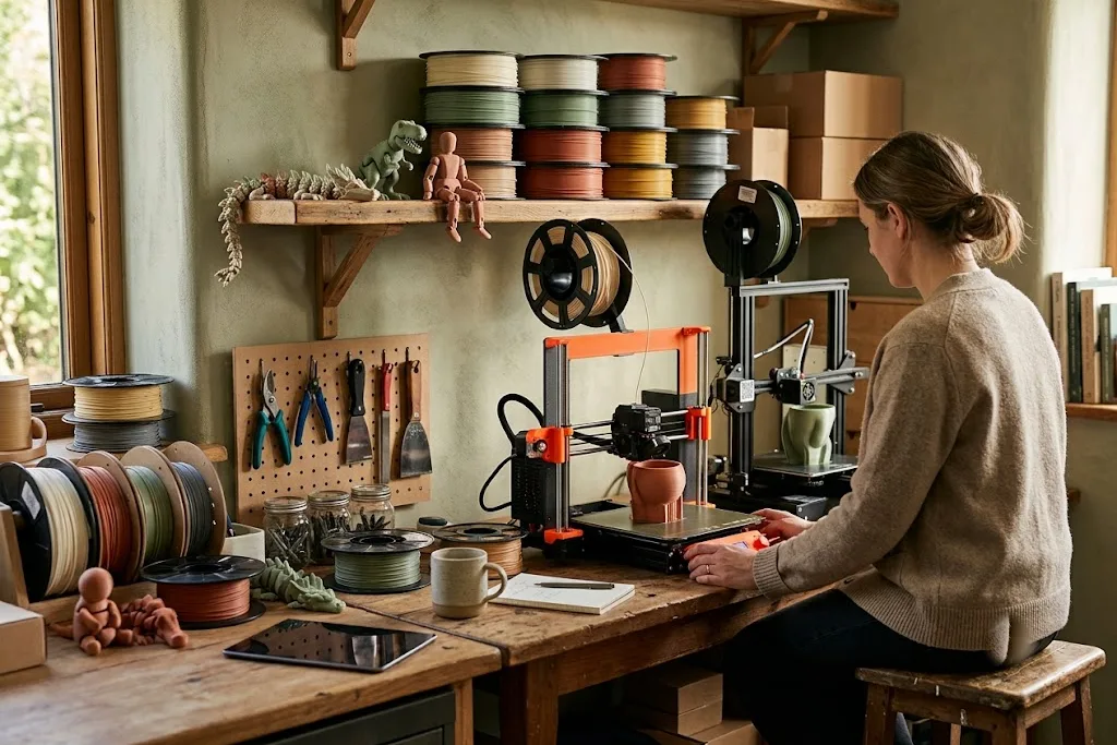 A small home 3D-printing workshop — two desktop printers mid-run on a shelf, spools of filament stacked beside finished prints on the bench in warm side light.