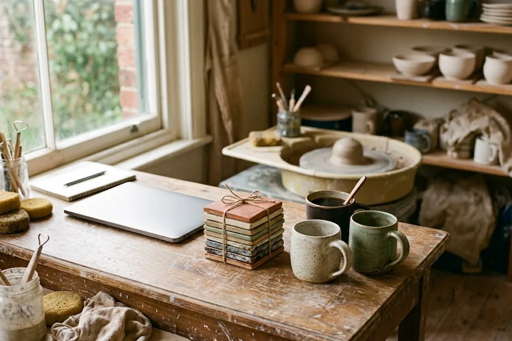 A small ceramics studio desk in morning light — a closed laptop pushed aside, a stack of glaze-test tiles and finished stoneware mugs beside a coffee, a wheel soft behind.